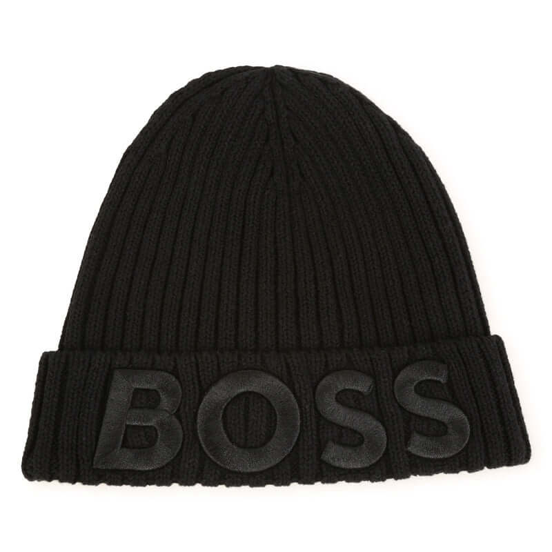 BOSS Boys Black Cotton Beanie Hat BOSS Boys Black Cotton Beanie Hat