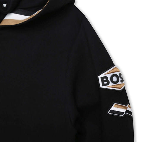 BOSS Boys Black Logo Badge Hooded Jacket BOSS Boys Black Logo Badge Hooded Jacket