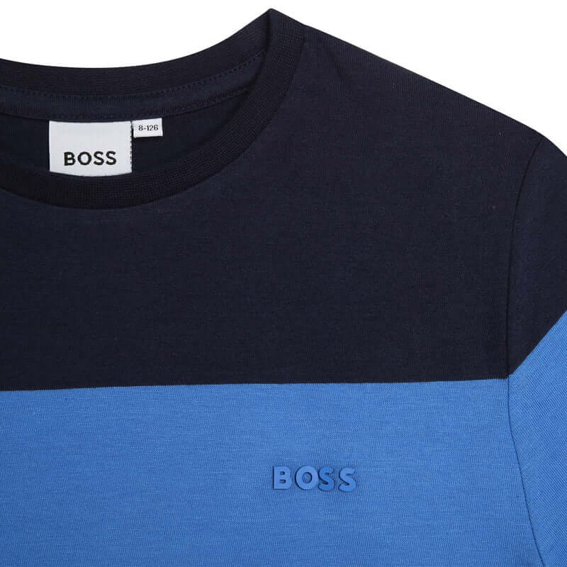 BOSS Boys Blue Stripe Short Sleeve Cotton T-Shirt BOSS Boys Blue Stripe Short Sleeve Cotton T-Shirt