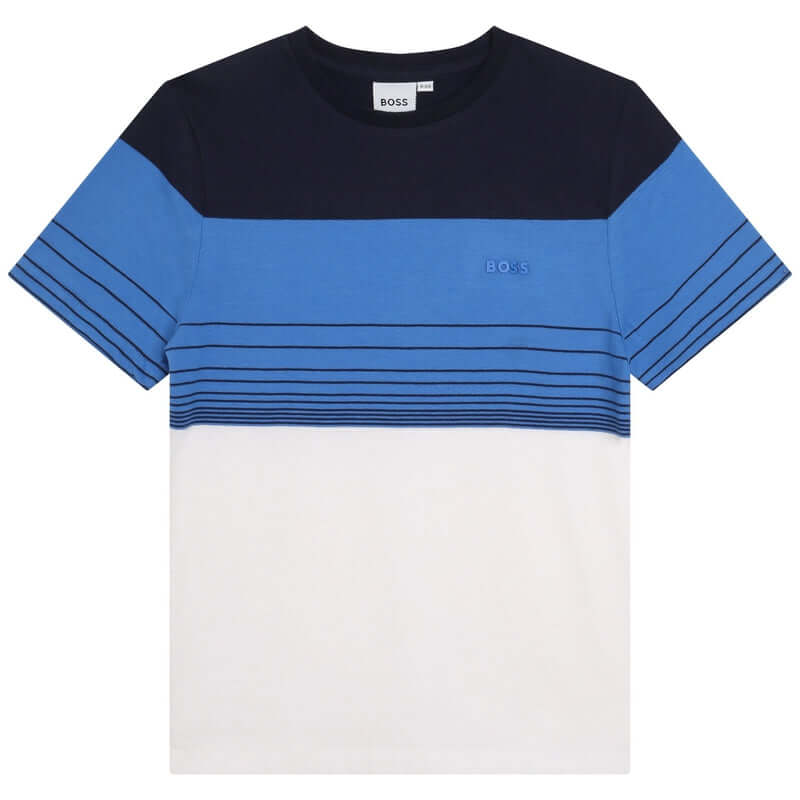 BOSS Boys Blue Stripe Short Sleeve Cotton T-Shirt BOSS Boys Blue Stripe Short Sleeve Cotton T-Shirt