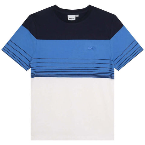 BOSS Boys Blue Stripe Short Sleeve Cotton T-Shirt BOSS Boys Blue Stripe Short Sleeve Cotton T-Shirt