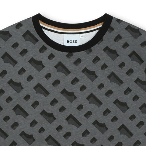 BOSS Boys Grey Monogram Print T-Shirt BOSS Boys Grey Monogram Print T-Shirt