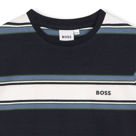 BOSS Boys Navy & White Short Sleeve Stripe T-Shirt BOSS Boys Navy & White Short Sleeve Stripe T-Shirt