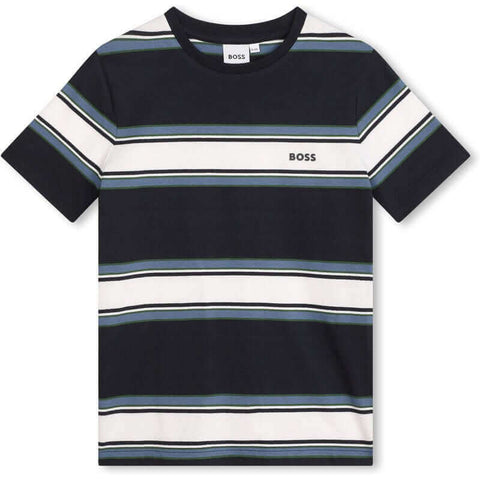 BOSS Boys Navy & White Short Sleeve Stripe T-Shirt BOSS Boys Navy & White Short Sleeve Stripe T-Shirt