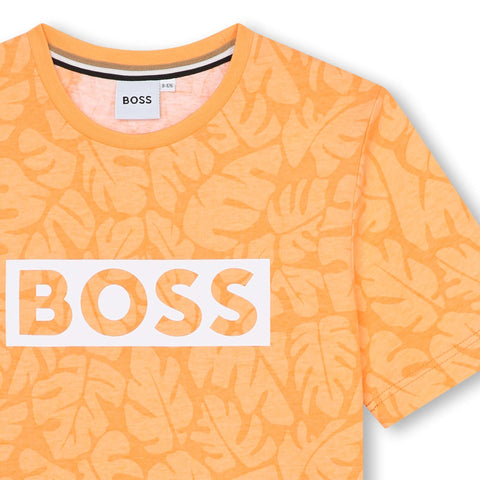 BOSS Boys Orange Leaf Print Short Sleeve T-Shirt BOSS Boys Orange Leaf Print Short Sleeve T-Shirt