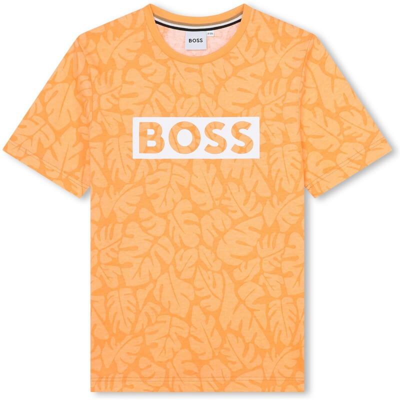 BOSS Boys Orange Leaf Print Short Sleeve T-Shirt BOSS Boys Orange Leaf Print Short Sleeve T-Shirt
