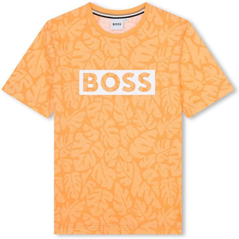 BOSS Boys Orange Leaf Print Short Sleeve T-Shirt BOSS Boys Orange Leaf Print Short Sleeve T-Shirt