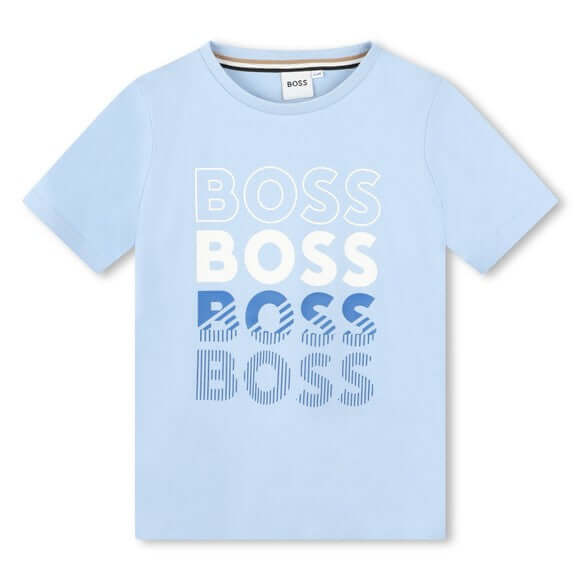 BOSS Boys Pale Blue Faded Logo Cotton T-shirt BOSS Boys Pale Blue Faded Logo Cotton T-shirt