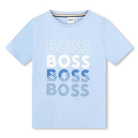 BOSS Boys Pale Blue Faded Logo Cotton T-shirt BOSS Boys Pale Blue Faded Logo Cotton T-shirt