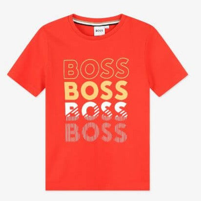BOSS Boys Red Faded Logo Cotton T-Shirt BOSS Boys Red Faded Logo Cotton T-Shirt