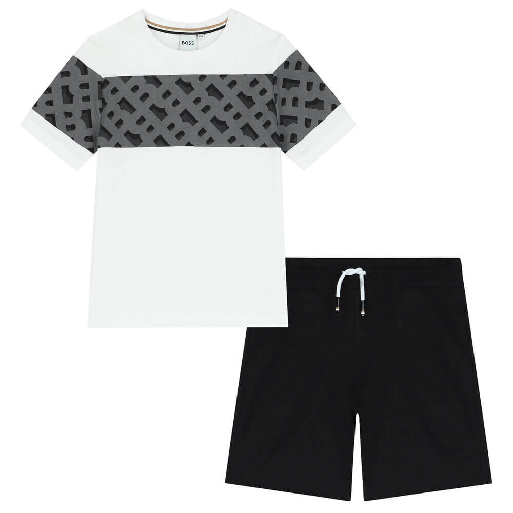 BOSS Boys White Monogram Print Shorts Set BOSS Boys White Monogram Print Shorts Set