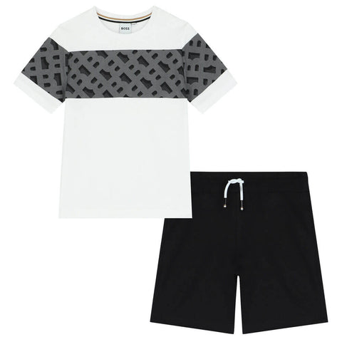 BOSS Boys White Monogram Print Shorts Set BOSS Boys White Monogram Print Shorts Set
