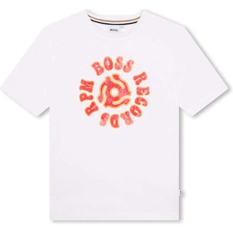 BOSS Boys White Short Sleeve Records Print T-Shirt BOSS Boys White Short Sleeve Records Print T-Shirt