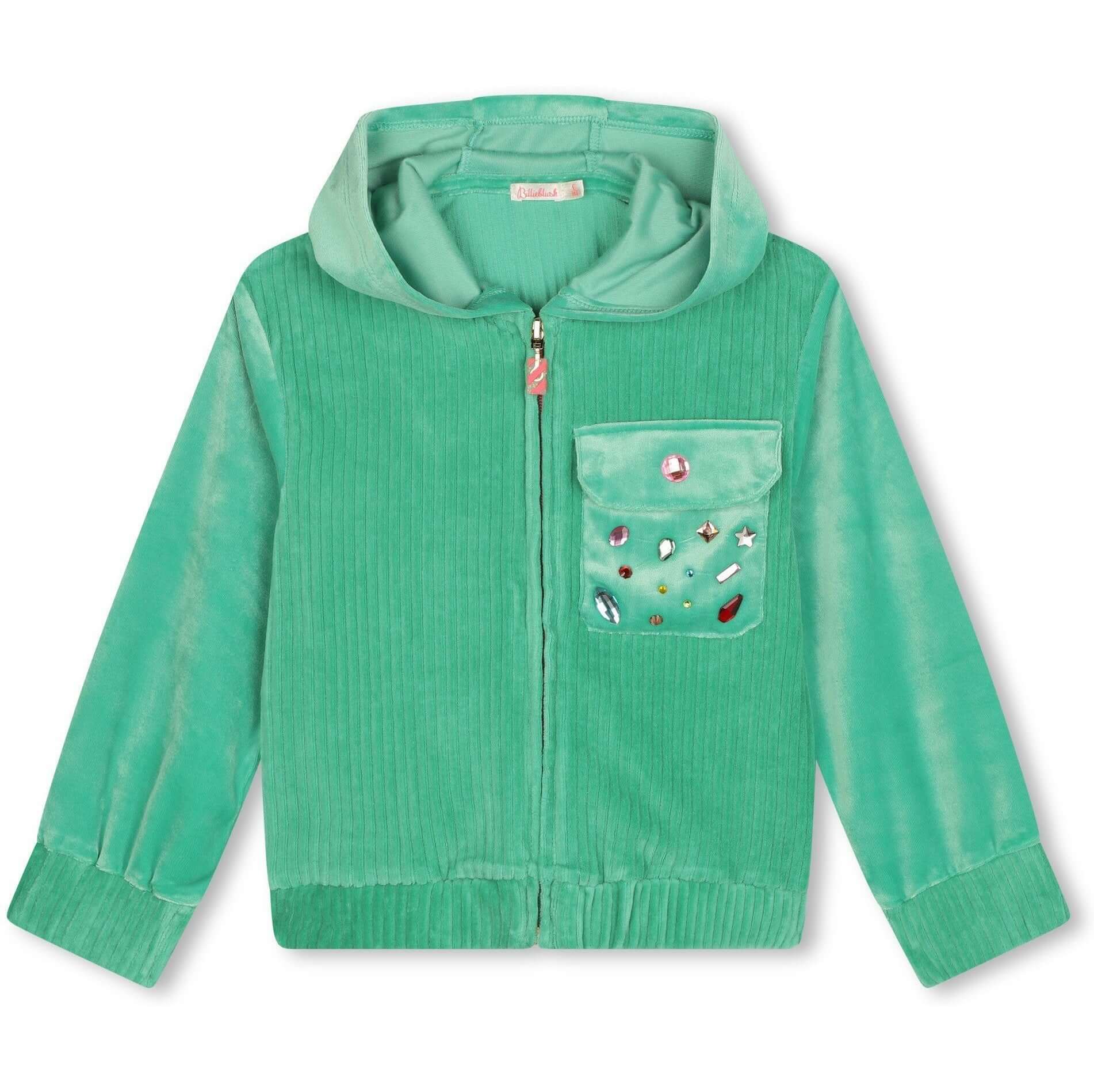 Billieblush Girls Green Velvet Zip Up Hoodie Billieblush Girls Green Velvet Zip Up Hoodie