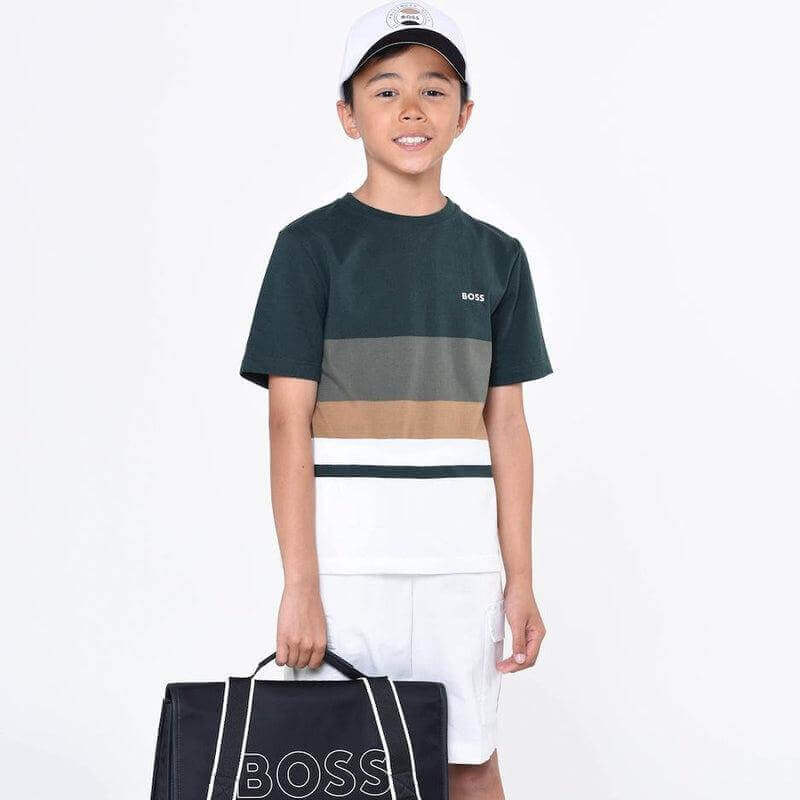 BOSS Boys Khaki Striped Short Sleeve T-shirt BOSS Boys Khaki Striped Short Sleeve T-shirt