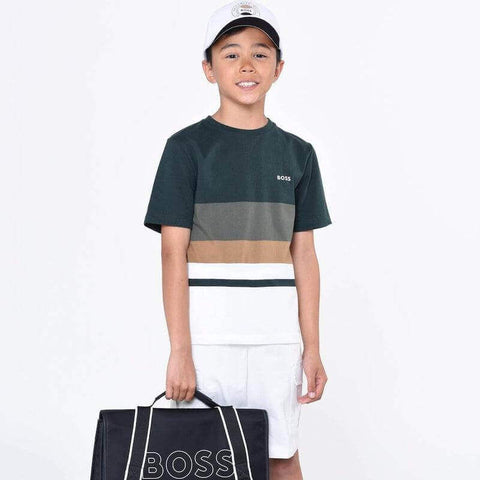 BOSS Boys Khaki Striped Short Sleeve T-shirt BOSS Boys Khaki Striped Short Sleeve T-shirt