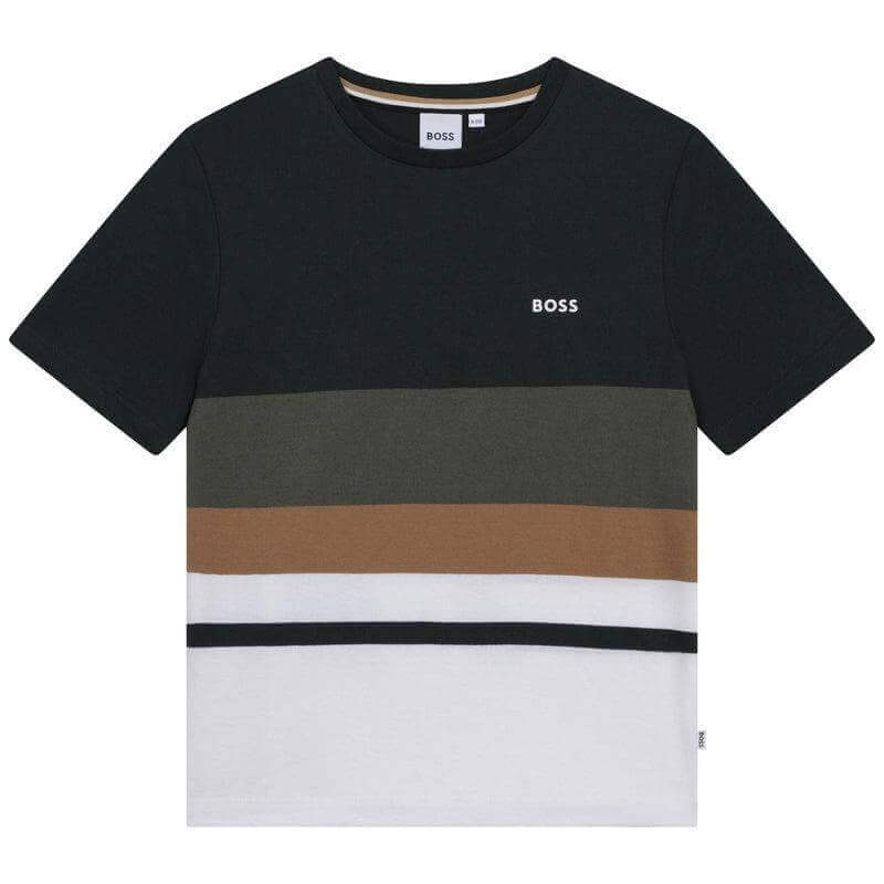 BOSS Boys Khaki Striped Short Sleeve T-shirt BOSS Boys Khaki Striped Short Sleeve T-shirt