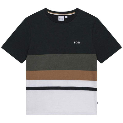 BOSS Boys Khaki Striped Short Sleeve T-shirt BOSS Boys Khaki Striped Short Sleeve T-shirt
