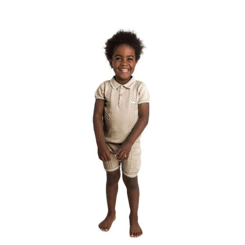 Caramelo Kids Boys Beige Cable Knit Polo Short Set Caramelo Kids Boys Beige Cable Knit Polo Short Set