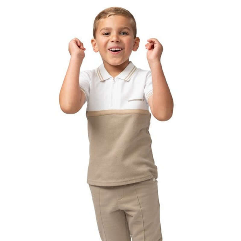Caramelo Kids Boys Beige Polo Zip Set Caramelo Kids Boys Beige Polo Zip Set