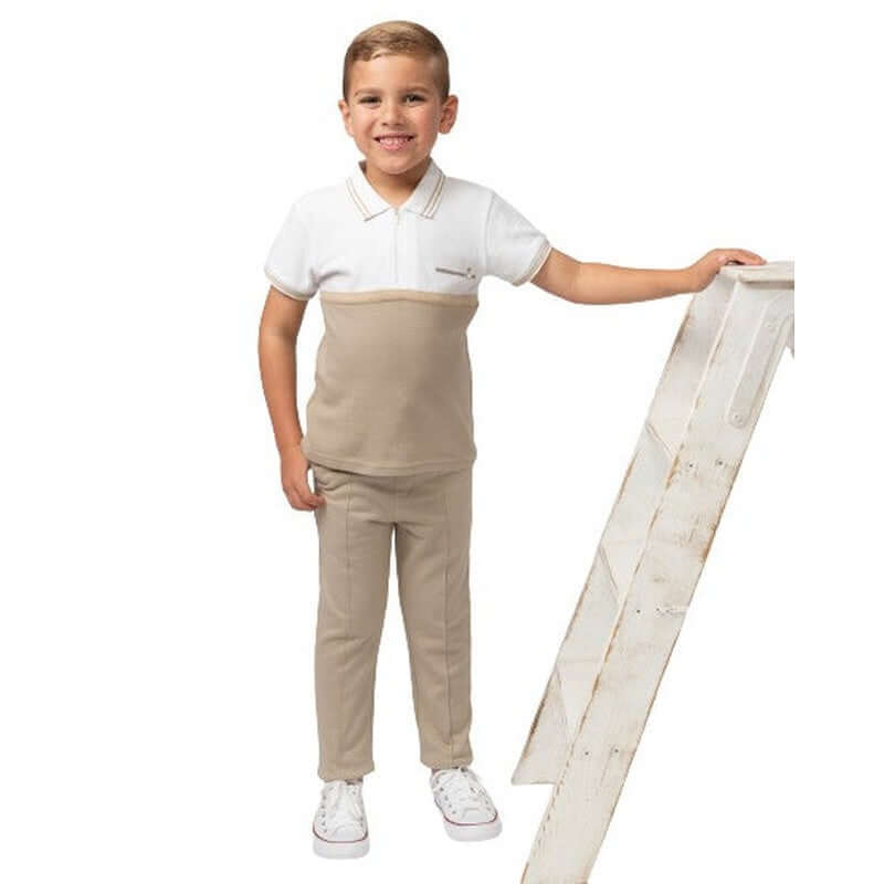 Caramelo Kids Boys Beige Polo Zip Set Caramelo Kids Boys Beige Polo Zip Set