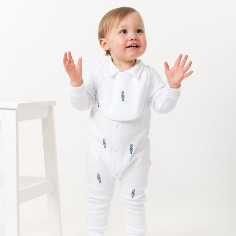 Caramelo Kids Boys White Soldier Babygrow with Bib Caramelo Kids Boys White Soldier Babygrow with Bib