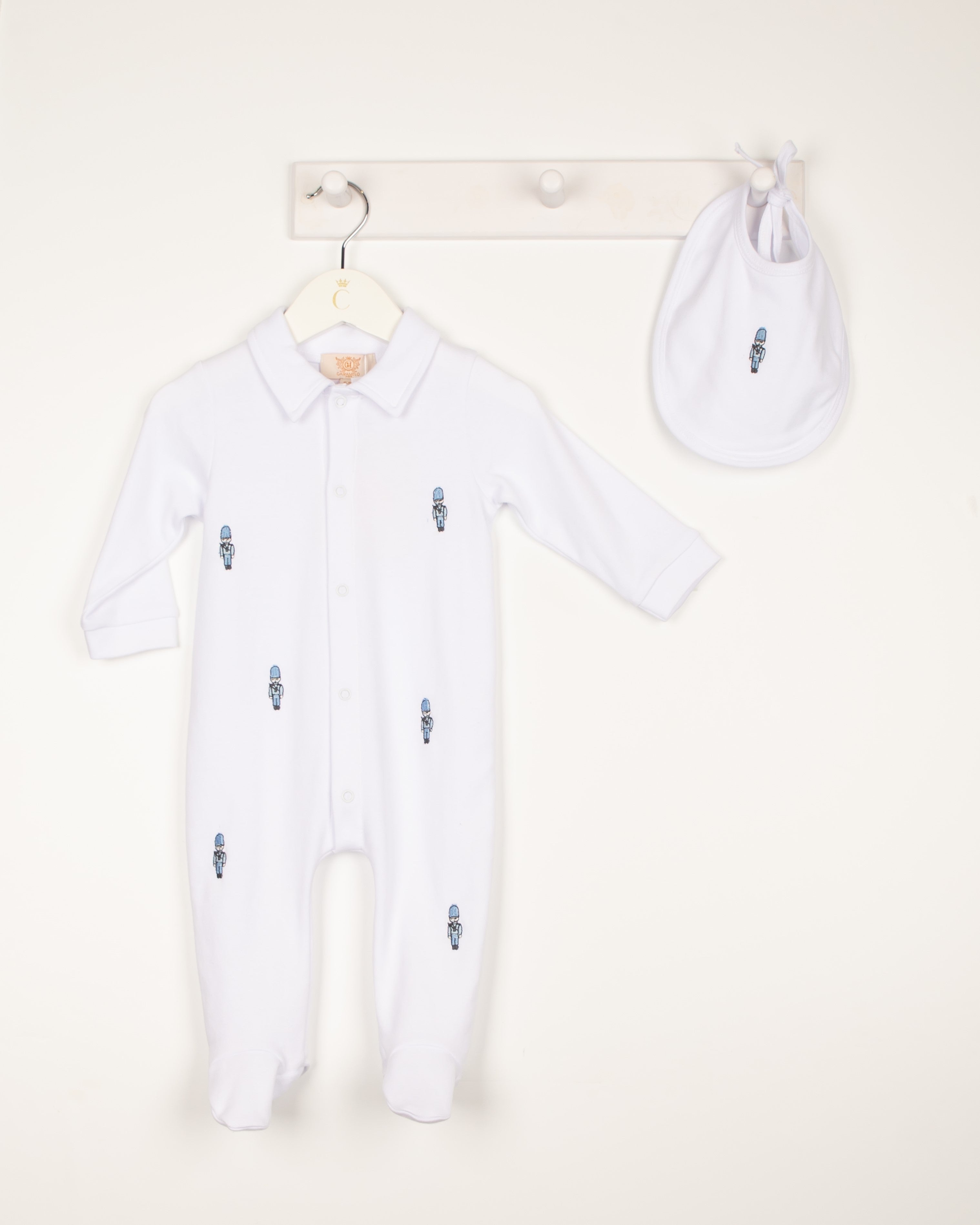 Caramelo Kids Boys White Soldier Babygrow with Bib Caramelo Kids Boys White Soldier Babygrow with Bib