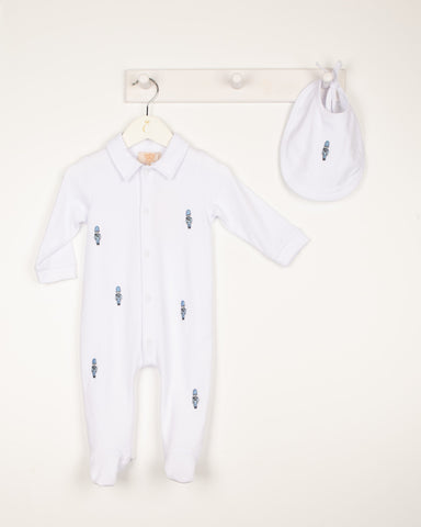 Caramelo Kids Boys White Soldier Babygrow with Bib Caramelo Kids Boys White Soldier Babygrow with Bib