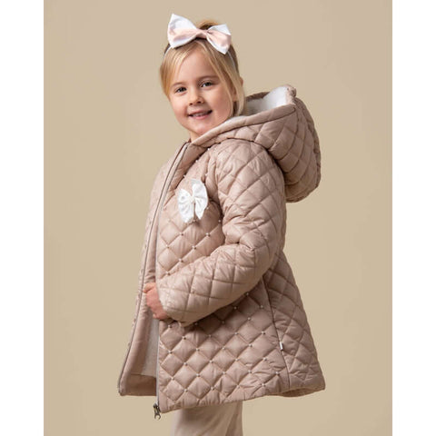 Caramelo Kids Girls Mink Pearl Hooded Puffer Coat With Bow Caramelo Kids Girls Mink Pearl Hooded Puffer Coat With Bow