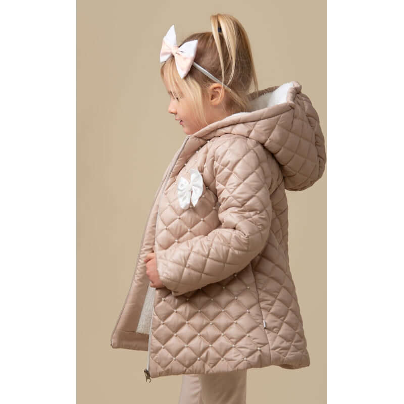 Caramelo Kids Girls Mink Pearl Hooded Puffer Coat With Bow Caramelo Kids Girls Mink Pearl Hooded Puffer Coat With Bow