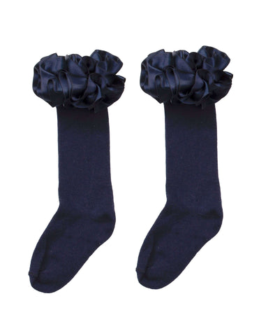 Caramelo Kids Girls Navy Ruffle Ribbon Knee Length Socks Caramelo Kids Girls Navy Ruffle Ribbon Knee Length Socks