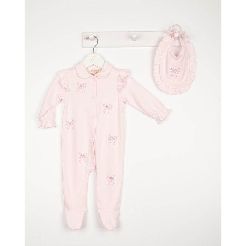 Caramelo Kids Girls Pink Bow Babygrow With Bib Caramelo Kids Girls Pink Bow Babygrow With Bib