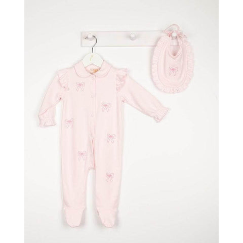 Caramelo Kids Girls Pink Bow Babygrow With Bib Caramelo Kids Girls Pink Bow Babygrow With Bib