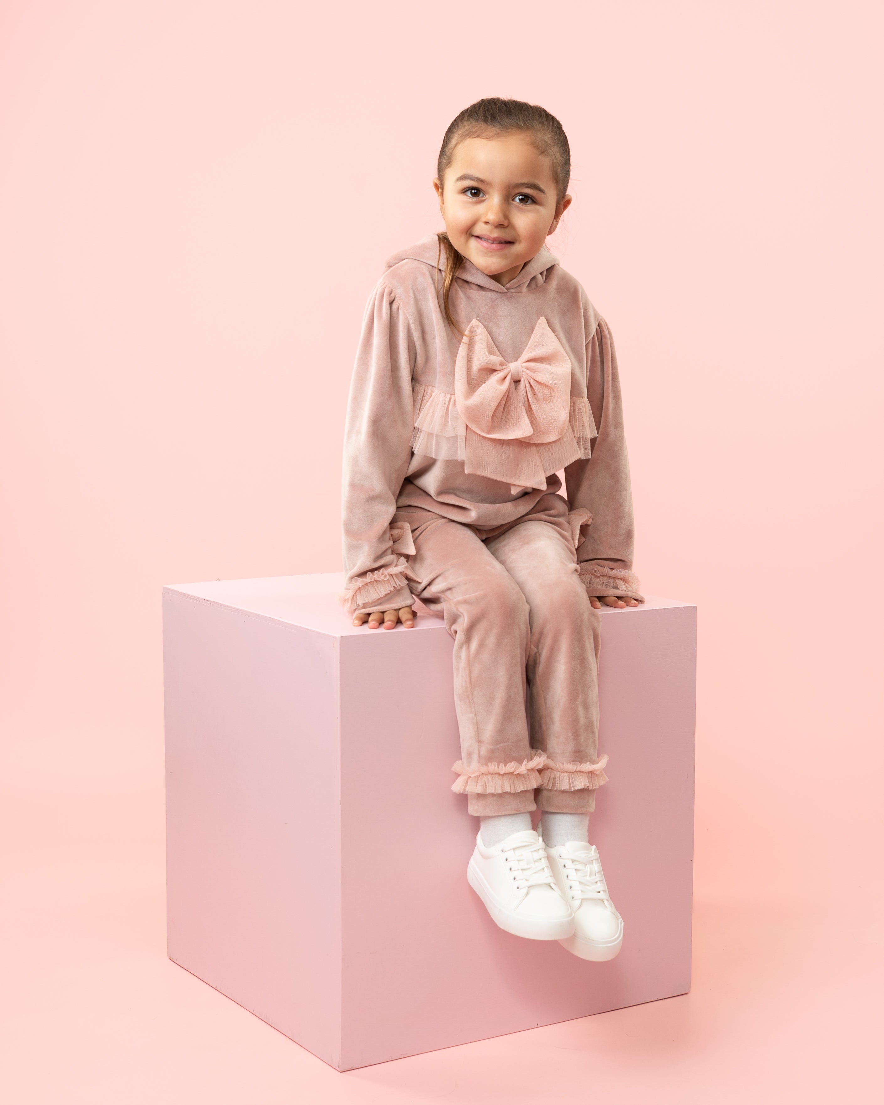 Caramelo Kids Girls Pink Velour Tracksuit with Tulle Bow Caramelo Kids Girls Pink Velour Tracksuit with Tulle Bow
