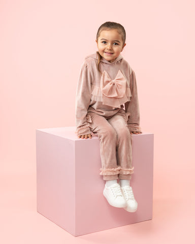Caramelo Kids Girls Pink Velour Tracksuit with Tulle Bow Caramelo Kids Girls Pink Velour Tracksuit with Tulle Bow