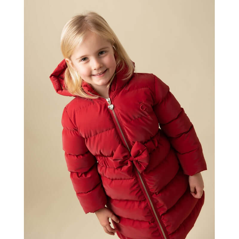 Caramelo Kids Girls Red Matt Puffer Jacket With Bow Caramelo Kids Girls Red Matt Puffer Jacket With Bow