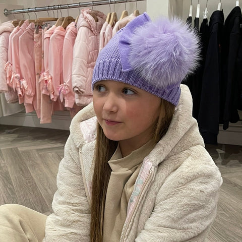 Catya Girls Lilac Marino Wool Fur Pom & Bow Hat Catya Girls Lilac Marino Wool Fur Pom & Bow Hat