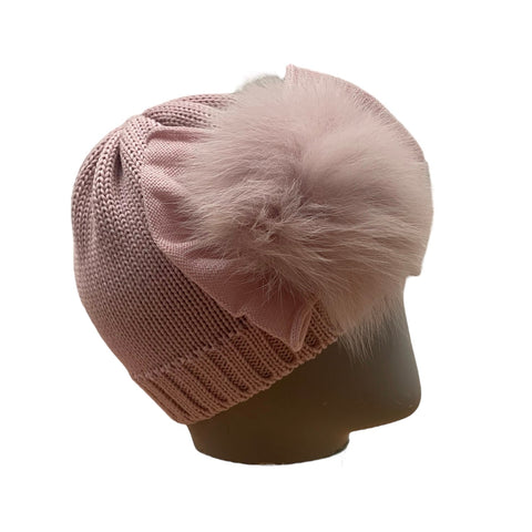 Catya Girls Rose Pink Marino Wool Hat With Fur Pom & Bow Catya Girls Rose Pink Marino Wool Hat With Fur Pom & Bow