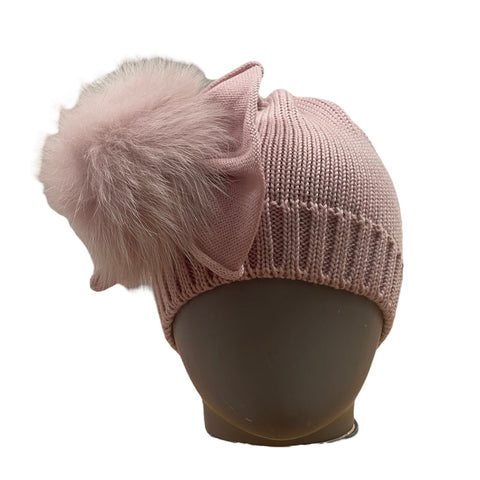 Catya Girls Rose Pink Marino Wool Hat With Fur Pom & Bow Catya Girls Rose Pink Marino Wool Hat With Fur Pom & Bow