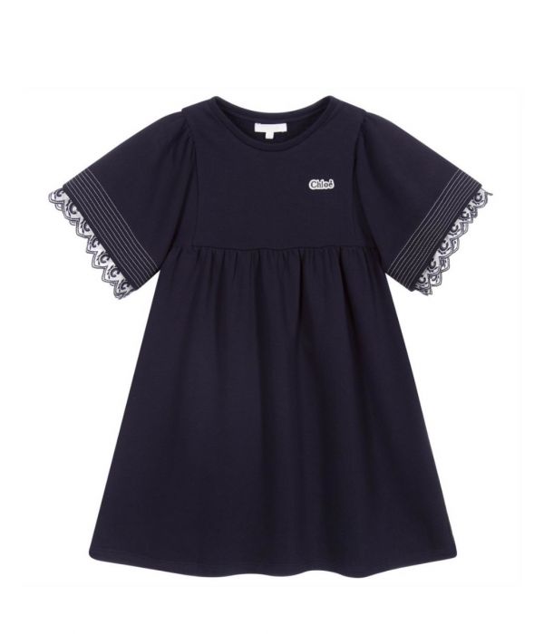 Chloe Girls Blue Logo Scalloped Trim Sleeved Dress Chloe Girls Blue Logo Scalloped Trim Sleeved Dress