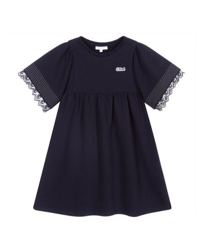 Chloe Girls Blue Logo Scalloped Trim Sleeved Dress Chloe Girls Blue Logo Scalloped Trim Sleeved Dress