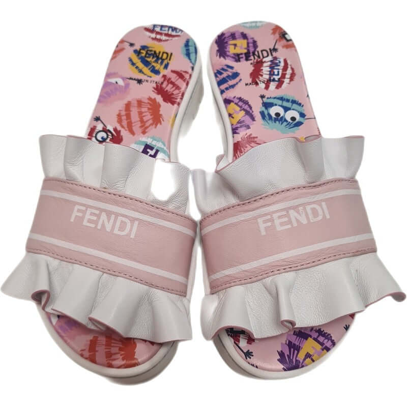 Fendi Girls White Leather Frill Slides Fendi Girls White Leather Frill Slides