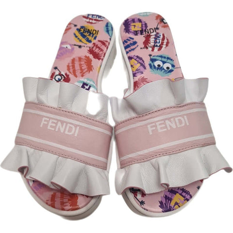 Fendi Girls White Leather Frill Slides Fendi Girls White Leather Frill Slides