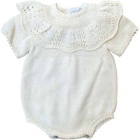 Fofettes Baby Girls Beige Knitted Frill Yoke Romper Fofettes Baby Girls Beige Knitted Frill Yoke Romper