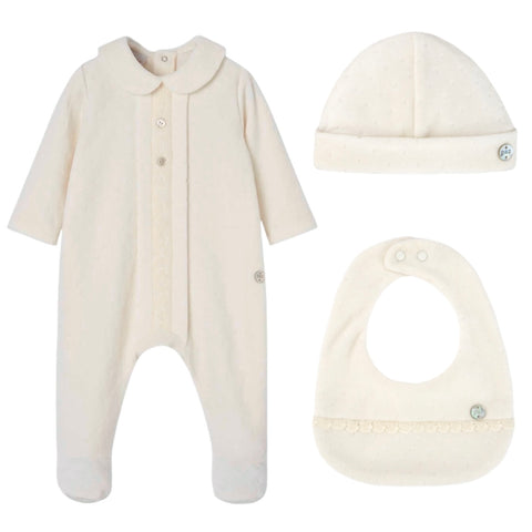 Paz Rodriguez Baby Cream Babygrow with Hat & Bib Paz Rodriguez Baby Cream Babygrow with Hat & Bib