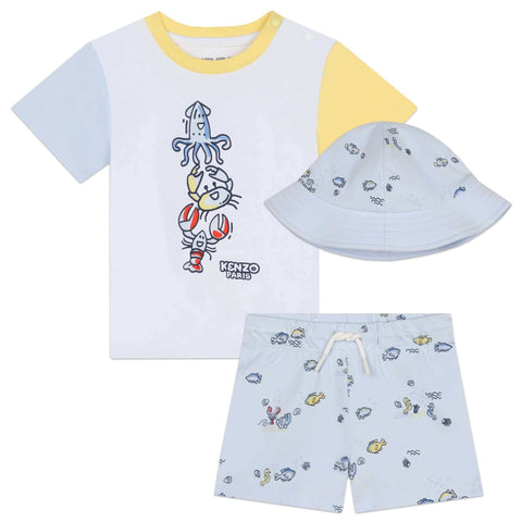 Kenzo Kids Baby Boys Blue Sea Life Shorts & Hat Set Kenzo Kids Baby Boys Blue Sea Life Shorts & Hat Set