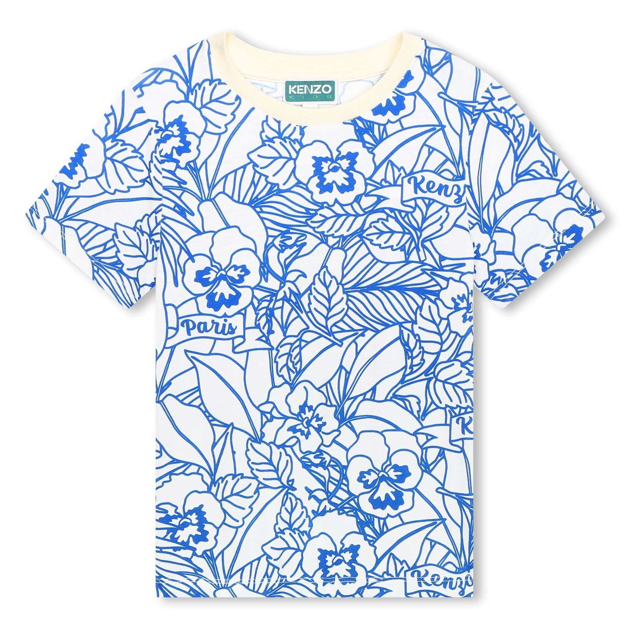 Kenzo Kids Boys Ivory & Blue Floral Print T-Shirt Kenzo Kids Boys Ivory & Blue Floral Print T-Shirt