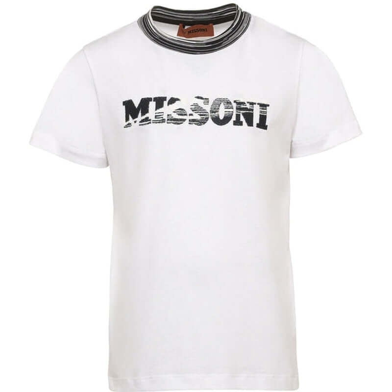 Missoni Kids Boys White Cracked Logo T-Shirt Missoni Kids Boys White Cracked Logo T-Shirt