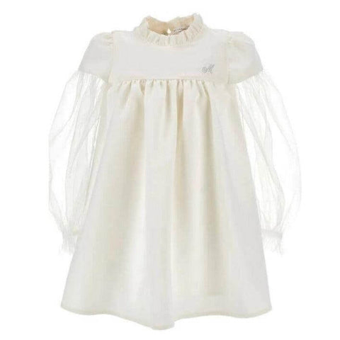 Monnalisa Girls Cream Dress with Tulle Sleeve Monnalisa Girls Cream Dress with Tulle Sleeve