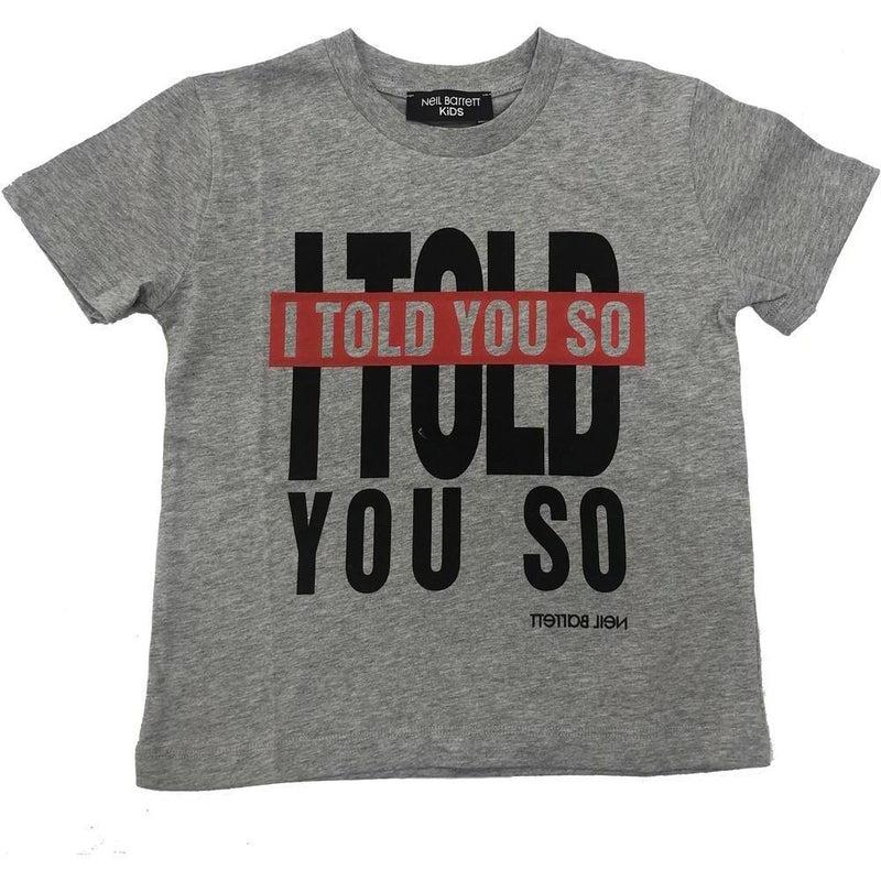 Neil Barrett Boys Grey Cotton "Told you So" T-Shirt Neil Barrett Boys Grey Cotton "Told you So" T-Shirt